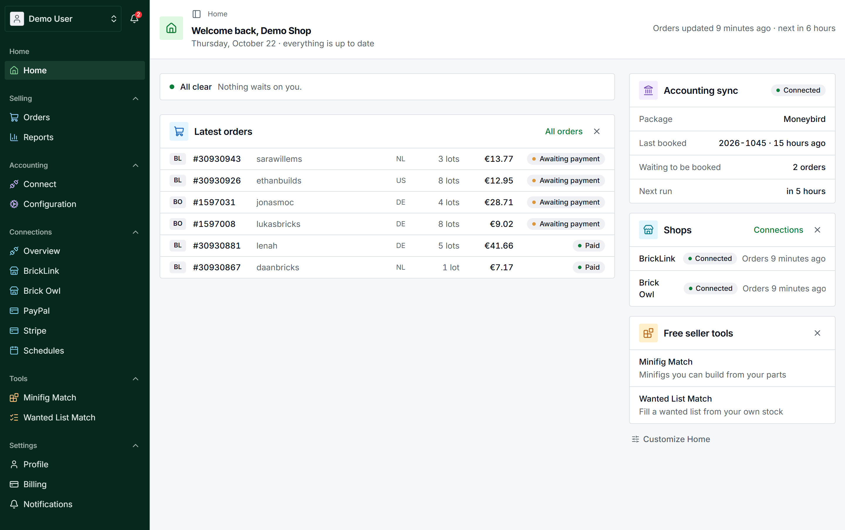 The BrickInvoice Home with the latest orders, the accounting sync and the connected shops