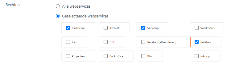 Yuki web service permissions — Financieel, Verkoop and Relaties enabled